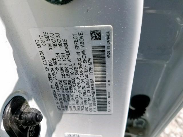 2HKRW2H89HH618167 - 2017 HONDA CR-V EXL WHITE photo 10