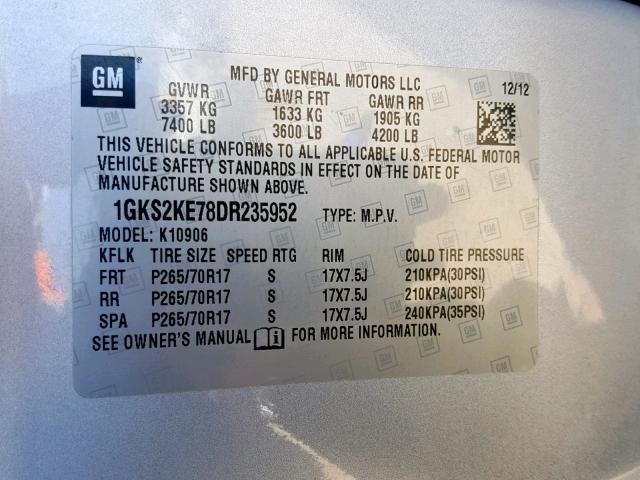 1GKS2KE78DR235952 - 2013 GMC YUKON XL K SILVER photo 10