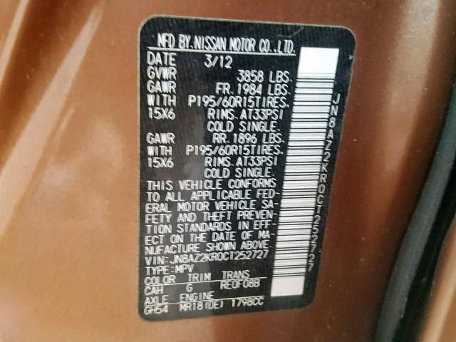 JN8AZ2KR0CT252727 - 2012 NISSAN CUBE BASE BROWN photo 10