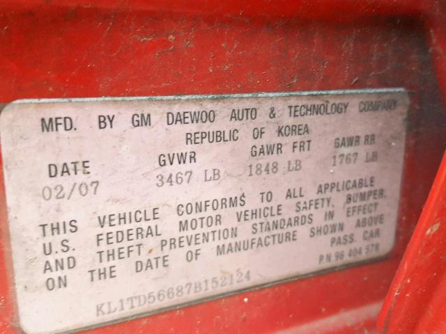 KL1TD56687B152124 - 2007 CHEVROLET AVEO BASE წითელი ფოტო 10