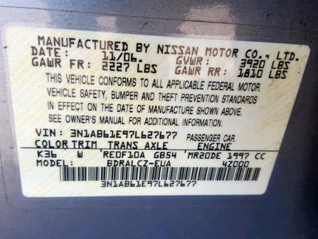 3N1AB61E97L627677 - 2007 NISSAN SENTRA 2.0 GRAY photo 10