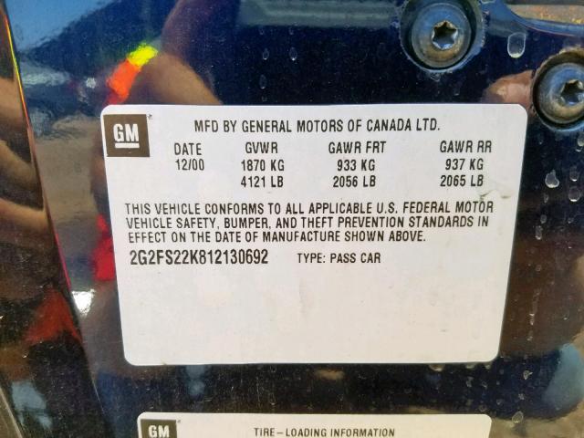 2G2FS22K812130692 - 2001 PONTIAC FIREBIRD BLUE photo 10