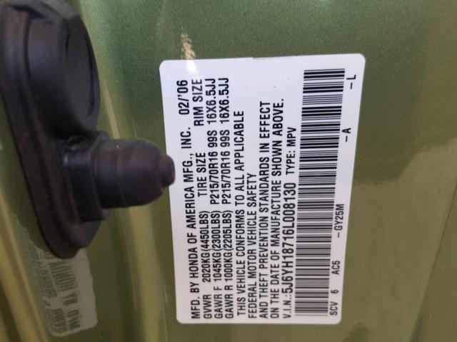 5J6YH18716L008130 - 2006 HONDA ELEMENT EX GREEN photo 10