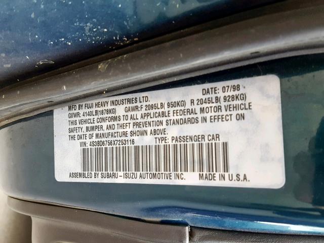 4S3BD6756X7253116 - 1999 SUBARU LEGACY GT GREEN photo 10