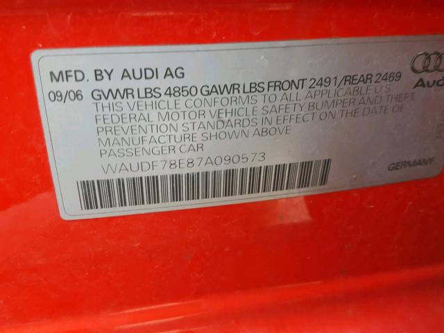 WAUDF78E87A090573 - 2007 AUDI A4 2.0T QU RED photo 10