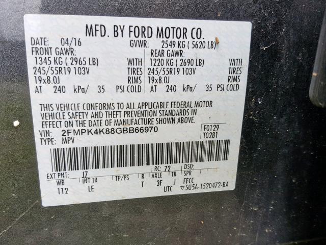 2FMPK4K88GBB66970 - 2016 FORD EDGE TITAN CHARCOAL photo 10