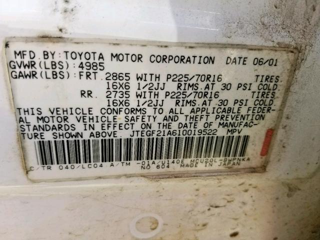 JTEGF21A610019522 - 2001 TOYOTA HIGHLANDER WHITE photo 10