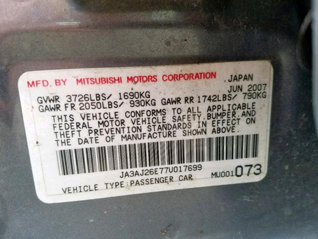 JA3AJ26E77U017699 - 2007 MITSUBISHI LANCER ES GRAY photo 10