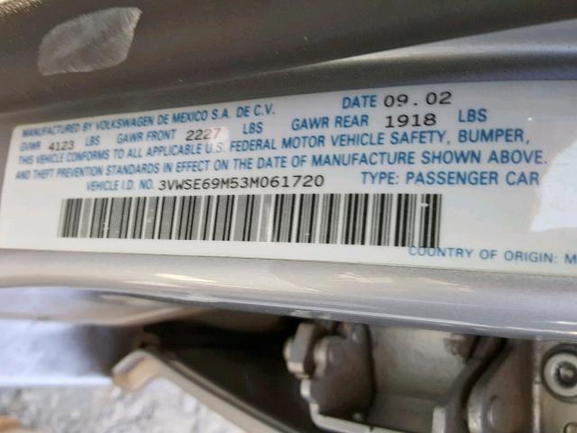 3VWSE69M53M061720 - 2003 VOLKSWAGEN JETTA GLS SILVER photo 10