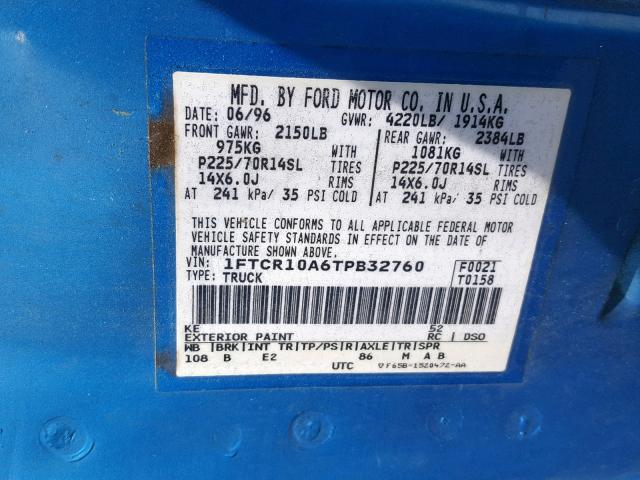 1FTCR10A6TPB32760 - 1996 FORD RANGER BLUE photo 10