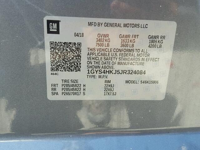 1GYS4HKJ5JR324084 - 2018 CADILLAC ESCALADE E GRAY photo 10