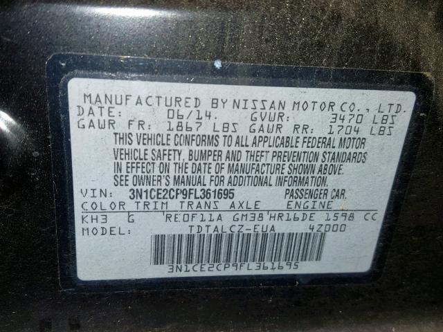 3N1CE2CP9FL361695 - 2015 NISSAN VERSA NOTE BLACK photo 10