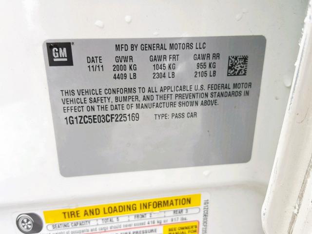 1G1ZC5E03CF225169 - 2012 CHEVROLET MALIBU 1LT თეთრი ფოტო 10