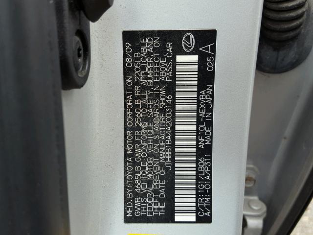 JTHBB1BA4A2003146 - 2010 LEXUS HS 250H SILVER photo 10