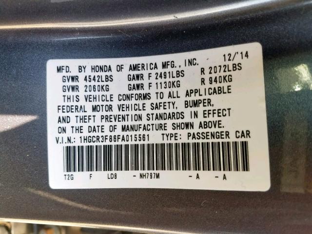 1HGCR3F86FA015561 - 2015 HONDA ACCORD EXL GRAY photo 10