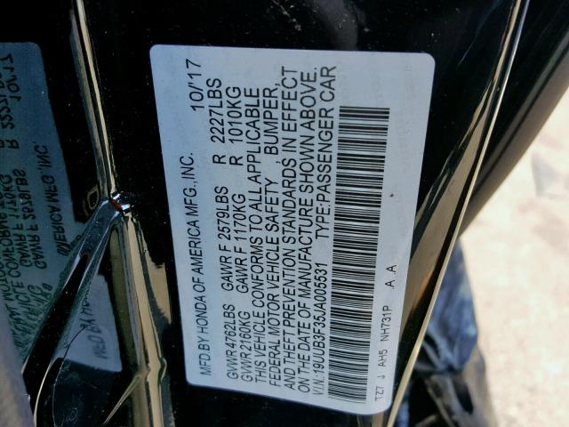 19UUB3F35JA005531 - 2018 ACURA TLX BLACK photo 10