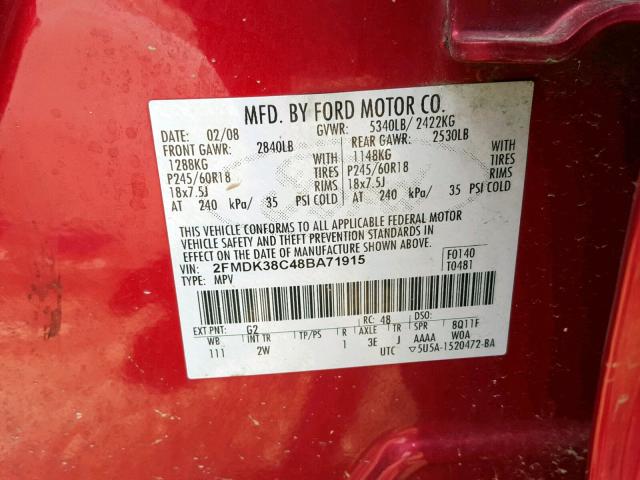 2FMDK38C48BA71915 - 2008 FORD EDGE SEL RED photo 10