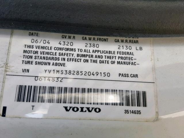 YV1MS382852049150 - 2005 VOLVO S40 2.4I WHITE photo 10