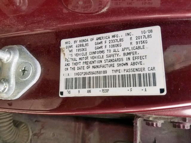 1HGCP26459A058189 - 2009 HONDA ACCORD LXP RED photo 10