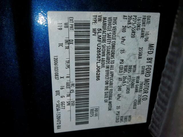 5LMFU28587LJ06286 - 2007 LINCOLN NAVIGATOR 蓝色 照片 10