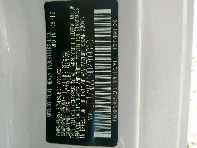 JF1ZNAA19D2709810 - 2013 TOYOTA SCION FR-S WHITE photo 10