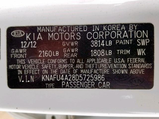 KNAFU4A28D5725986 - 2013 KIA FORTE EX WHITE photo 10