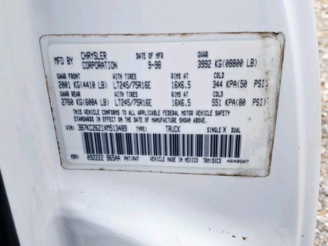 3B7KC26Z1XM513489 - 1999 DODGE RAM 2500 WHITE photo 10