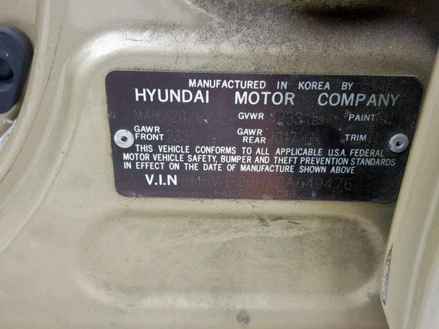 KMHWF25HX2A649476 - 2002 HYUNDAI SONATA GL GOLD photo 10