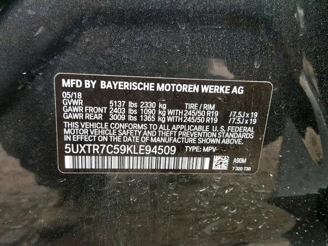 5UXTR7C59KLE94509 - 2019 BMW X3 SDRIVE3 BLACK photo 10