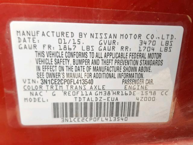 3N1CE2CP0FL413540 - 2015 NISSAN VERSA NOTE BURGUNDY photo 10