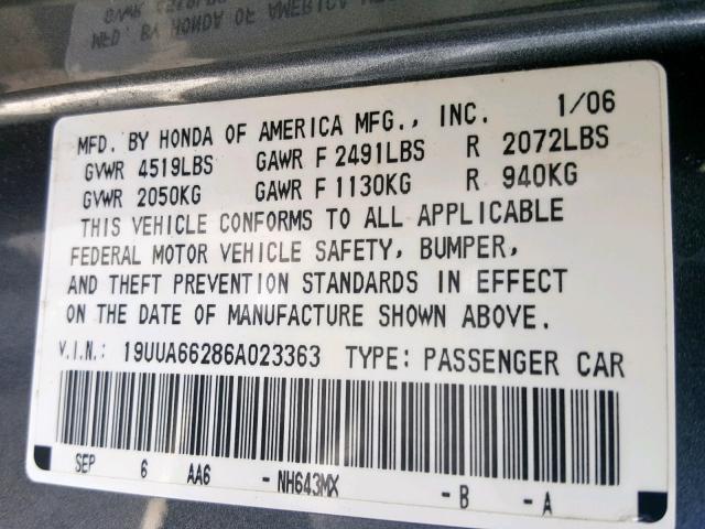 19UUA66286A023363 - 2006 ACURA 3.2TL GRAY photo 10