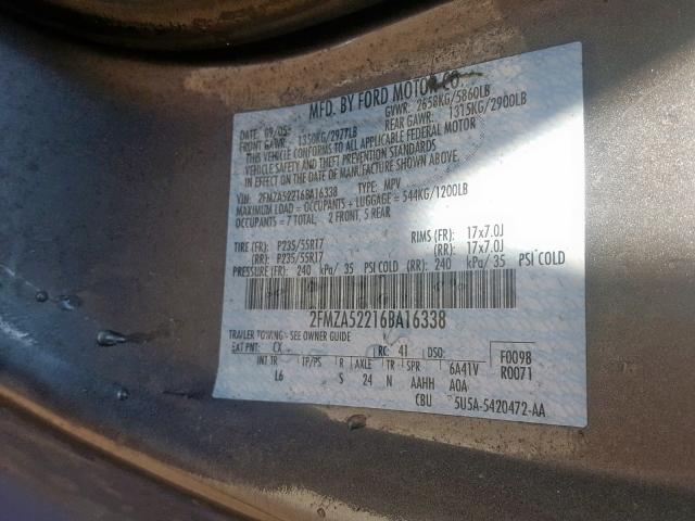 2FMZA52216BA16338 - 2006 FORD FREESTAR S GRAY photo 10