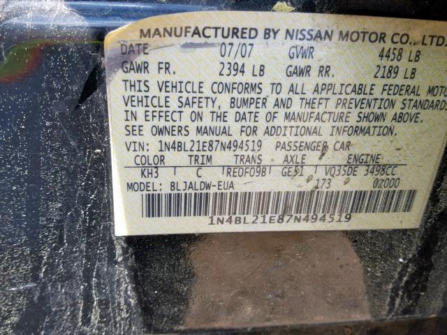 1N4BL21E87N494519 - 2007 NISSAN ALTIMA 3.5 BLACK photo 10