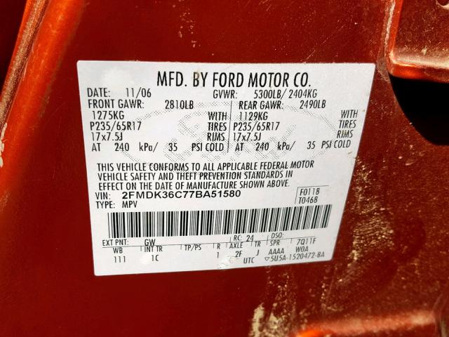 2FMDK36C77BA51580 - 2007 FORD EDGE SE ORANGE photo 10