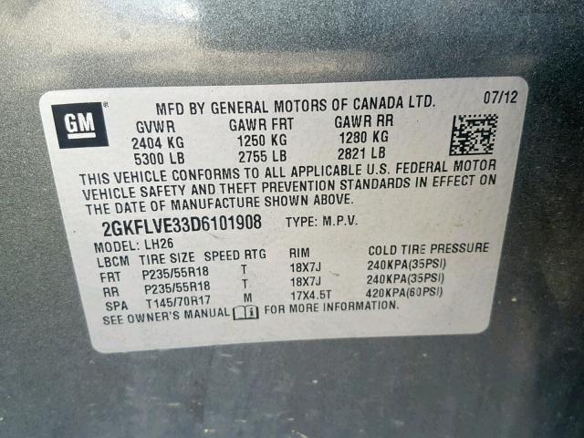 2GKFLVE33D6101908 - 2013 GMC TERRAIN SL GRAY photo 10