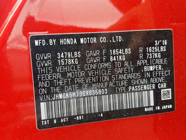 JHMGK5H73GX035803 - 2016 HONDA FIT EX RED photo 10