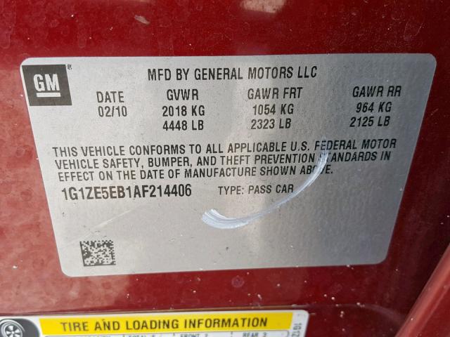 1G1ZE5EB1AF214406 - 2010 CHEVROLET MALIBU LTZ 红色 照片 10