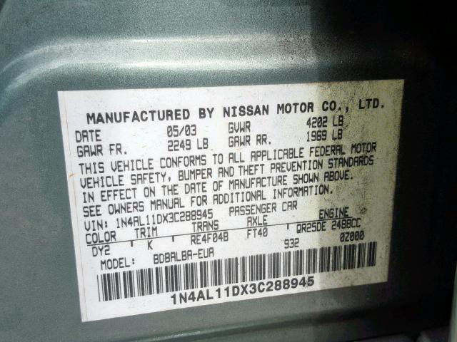 1N4AL11DX3C288945 - 2003 NISSAN ALTIMA BAS GREEN photo 10