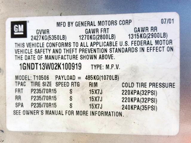 1GNDT13W02K100919 - 2002 CHEVROLET BLAZER GOLD photo 10