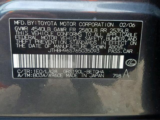 JTHBH96S765035093 - 2006 LEXUS GS 300 GRAY photo 10