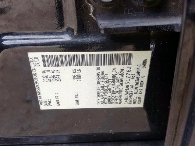 1N4BL2AP1AN517762 - 2010 NISSAN ALTIMA SR BLACK photo 10