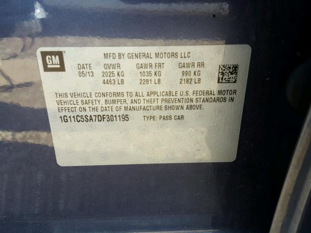 1G11C5SA7DF301195 - 2013 CHEVROLET MALIBU 1LT BLUE photo 10