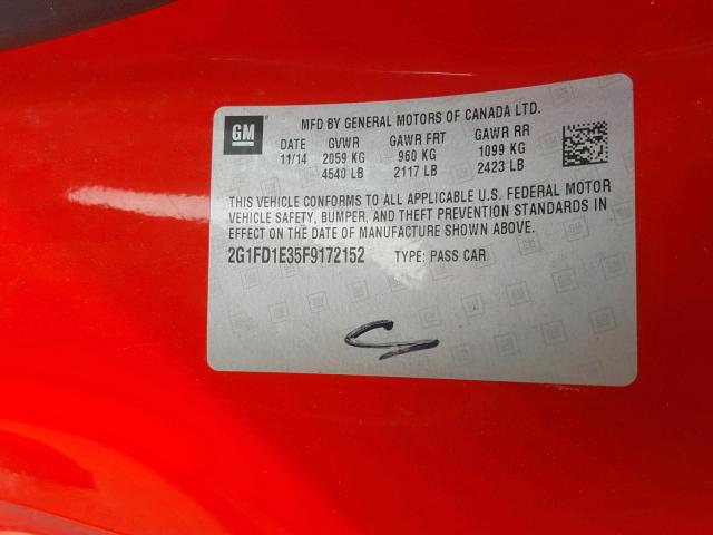 2G1FD1E35F9172152 - 2015 CHEVROLET CAMARO LT RED photo 10