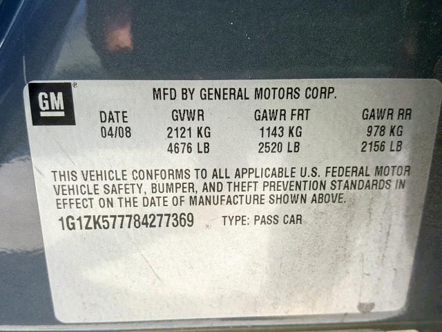 1G1ZK577784277369 - 2008 CHEVROLET MALIBU LTZ ნაცრისფერი ფოტო 10