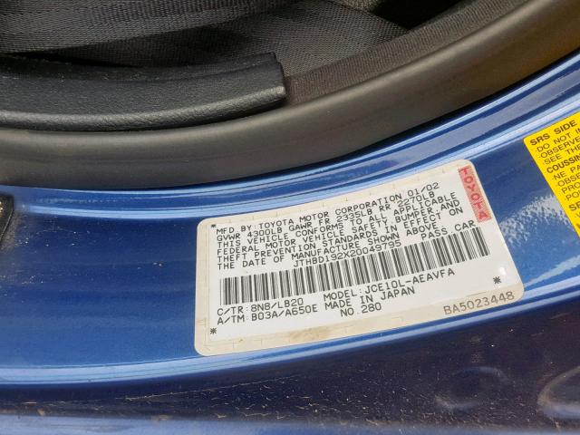 JTHBD192X20049795 - 2002 LEXUS IS 300 BLUE photo 10