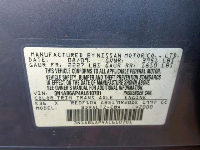 3N1AB6AP4AL610701 - 2010 NISSAN SENTRA 2.0 GRAY photo 10