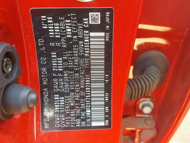 JHMFC1F75JX028931 - 2018 HONDA CIVIC EXL 红色 照片 10
