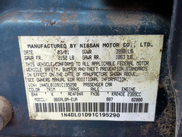 1N4DL01D91C195290 - 2001 NISSAN ALTIMA XE BLUE photo 10