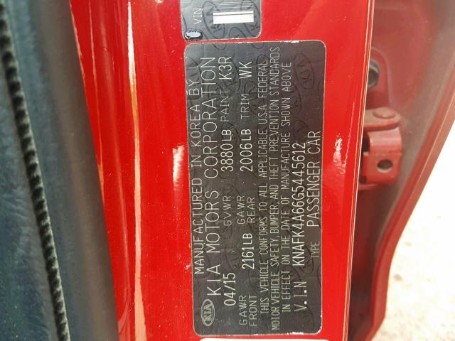 KNAFK4A66G5445612 - 2016 KIA FORTE LX RED photo 10