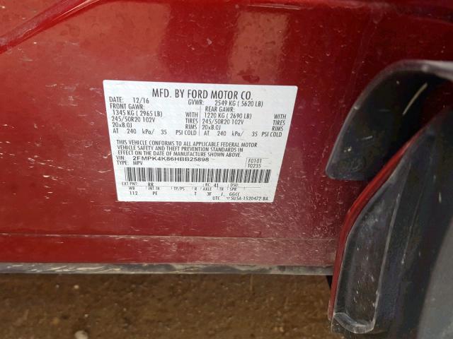 2FMPK4K86HBB25898 - 2017 FORD EDGE TITAN RED photo 10